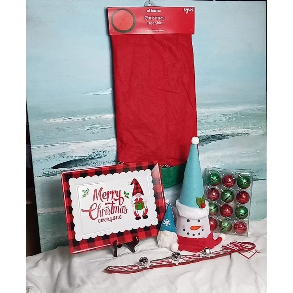 Christmas Ornament Lot With Tree Skirt Gnome Serving Tray Snowman Tree‎ Topper